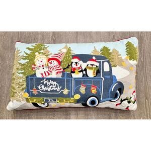 Macy's ID Home Merry Christmas Snowman Truck Decorative Pillow 14" X 24"